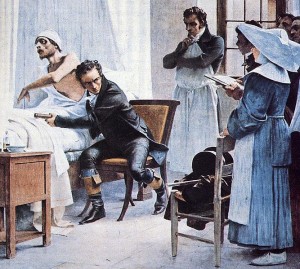 Laennec examines patient with stethoscope